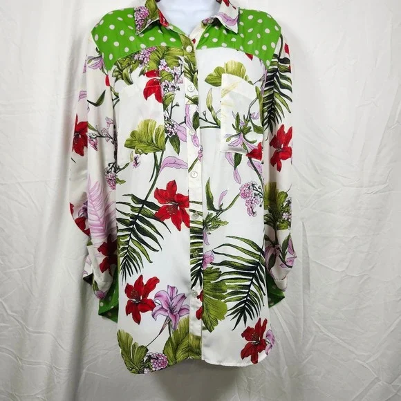 Fig &‎ Flower Tropical Floral Print Polka Dot Button Up Shirt Tunic Blouse 2X - Picture 6 of 9